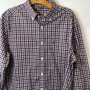 Nautical red, white, blue checked, long sleeve button down shirt